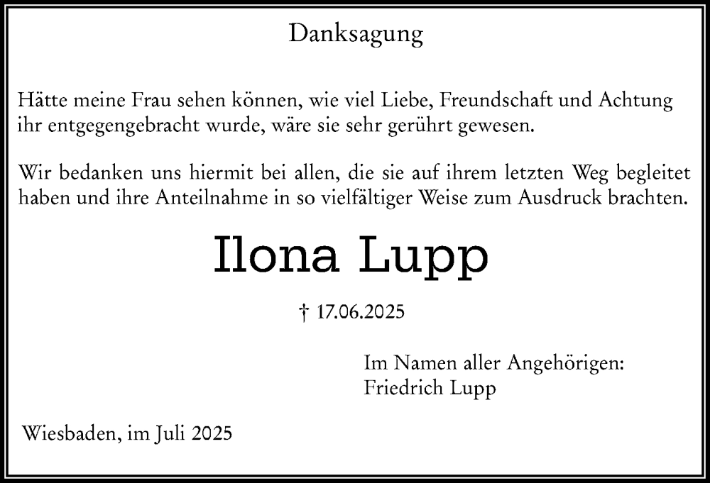  Traueranzeige für Ilona Lupp vom 12.07.2025 aus Wiesbadener Kurier