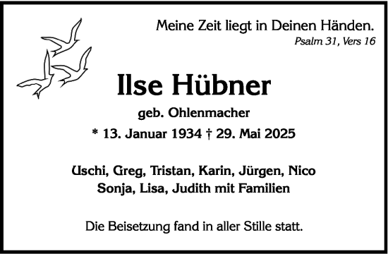 Traueranzeige von Ilse Hübner von Wiesbadener Kurier