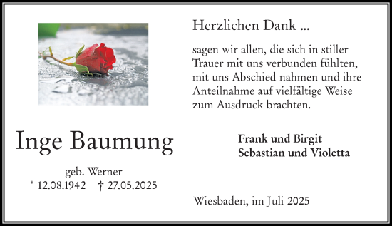 Traueranzeige von Inge Baumung von Rüsselsheimer Echo