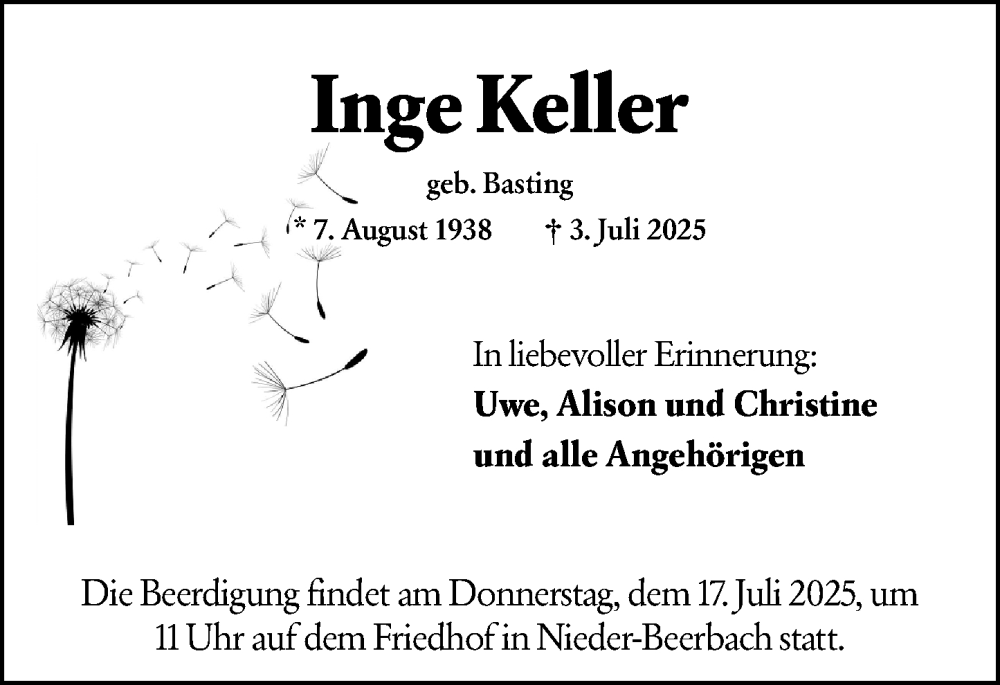  Traueranzeige für Inge Keller vom 12.07.2025 aus Darmstädter Echo