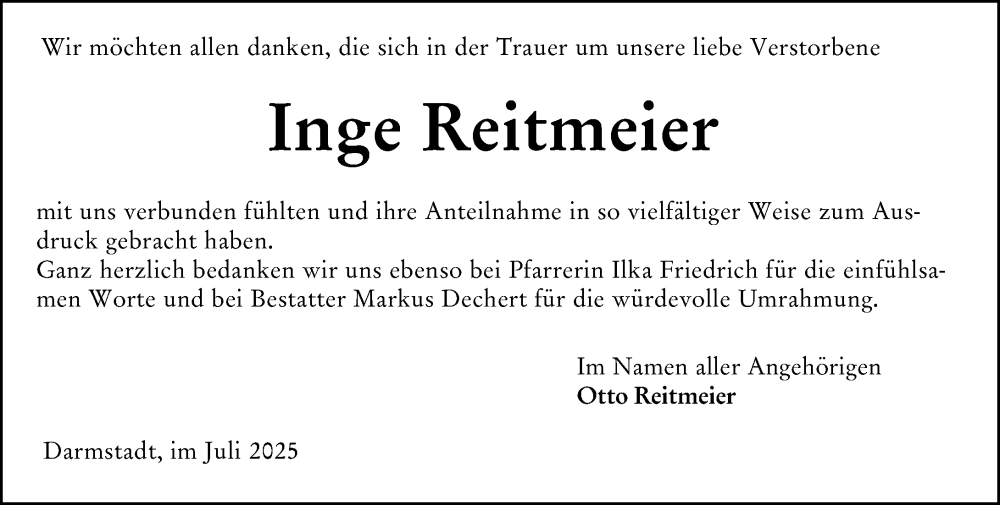  Traueranzeige für Inge Reitmeier vom 19.07.2025 aus Darmstädter Echo