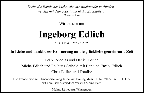 Traueranzeige von Ingeborg Edlich von Allgemeine Zeitung Mainz