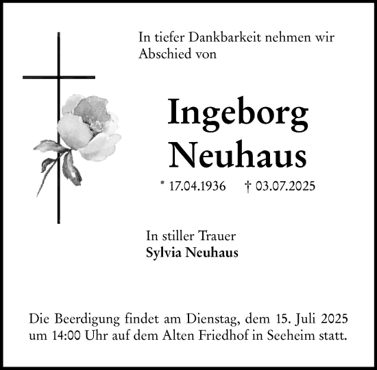 Traueranzeige von Ingeborg Neuhaus von Darmstädter Echo