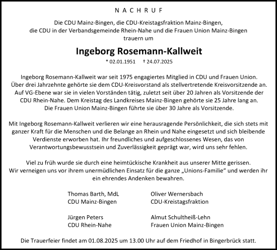 Traueranzeige von Ingeborg Rosemann-Kallweit von Allgemeine Zeitung Rheinhessen-Nahe