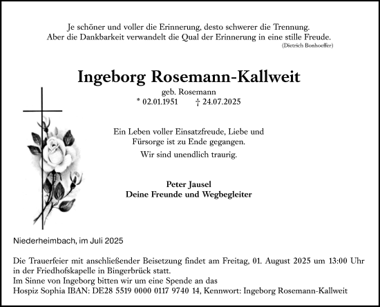 Traueranzeige von Ingeborg Rosemann-Kallweit von Allgemeine Zeitung Rheinhessen-Nahe
