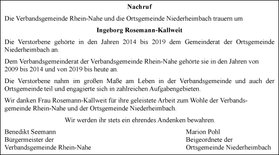 Traueranzeige von Ingeborg Rosemann-Kallweit von Allgemeine Zeitung Rheinhessen-Nahe