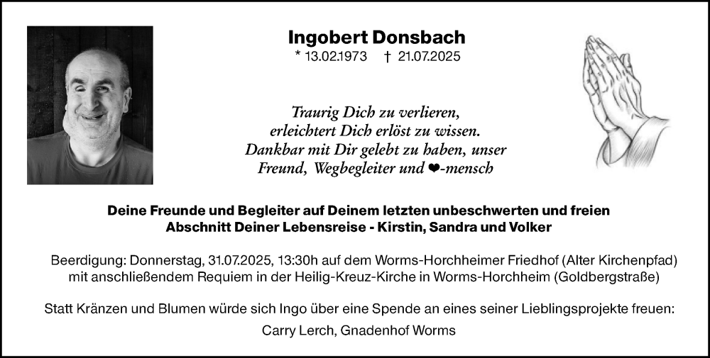  Traueranzeige für Ingobert Donsbach vom 26.07.2025 aus Wormser Zeitung