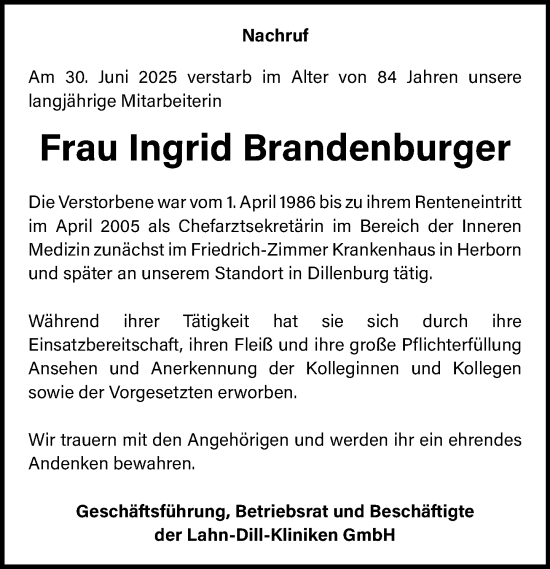 Traueranzeige von Ingrid Brandenburger von Dill Block