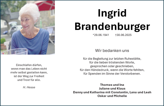 Traueranzeige von Ingrid Brandenburger von Dill Block