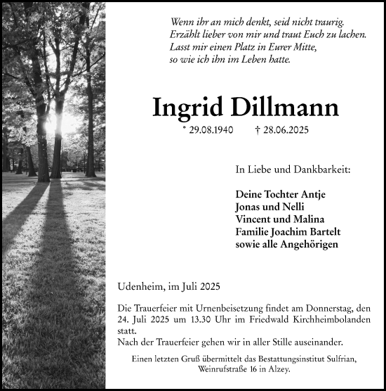 Traueranzeige von Ingrid Dillmann von Allgemeine Zeitung Alzey