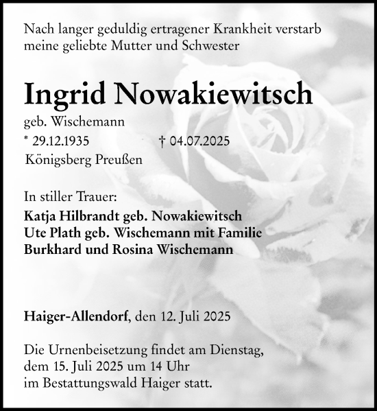 Traueranzeige von Ingrid Nowakiewitsch von Dill Block