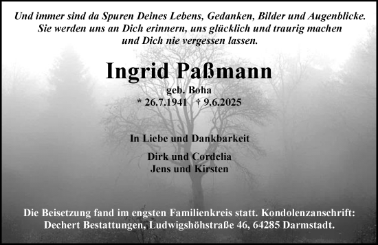 Traueranzeige von Ingrid Paßmann von Darmstädter Echo