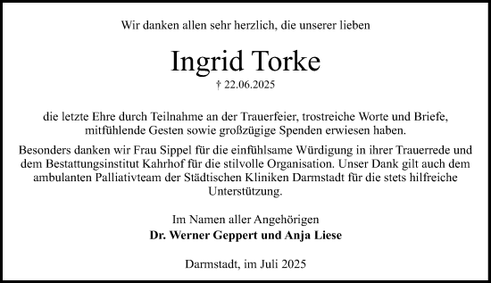 Traueranzeige von Ingrid Torke von Darmstädter Echo