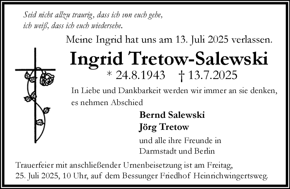  Traueranzeige für Ingrid Tretow-Salewski vom 19.07.2025 aus Darmstädter Echo