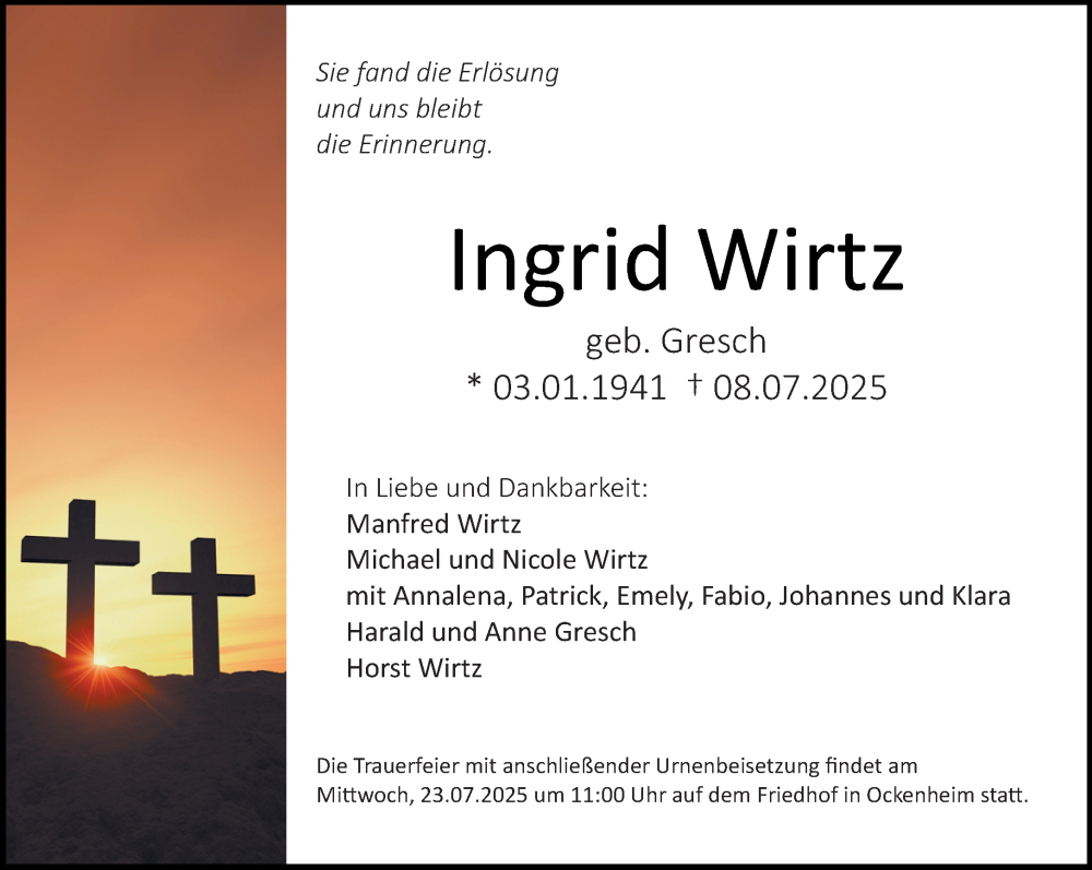  Traueranzeige für Ingrid Wirtz vom 19.07.2025 aus Allgemeine Zeitung Rheinhessen-Nahe