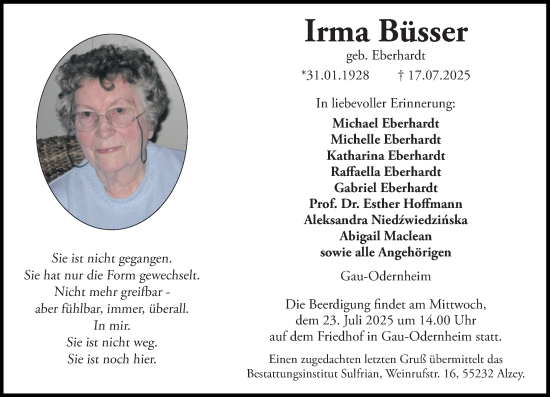 Traueranzeige von Irma Büsser von Allgemeine Zeitung Alzey