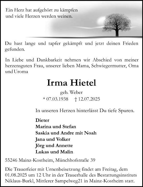 Traueranzeige von Irma Hietel von Allgemeine Zeitung Mainz