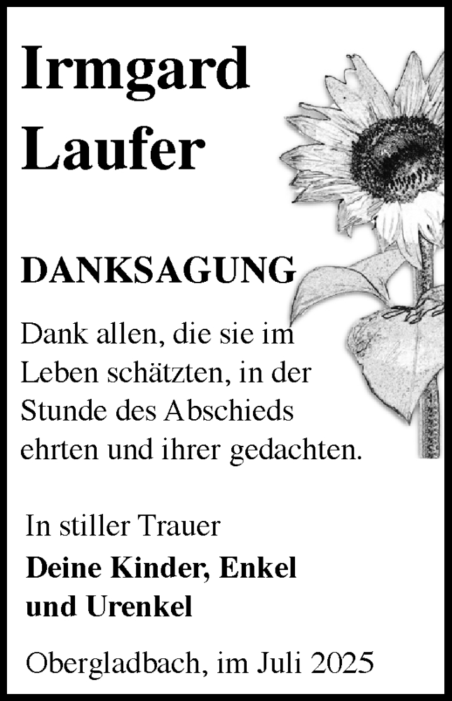  Traueranzeige für Irmgard Laufer vom 12.07.2025 aus Wiesbadener Kurier