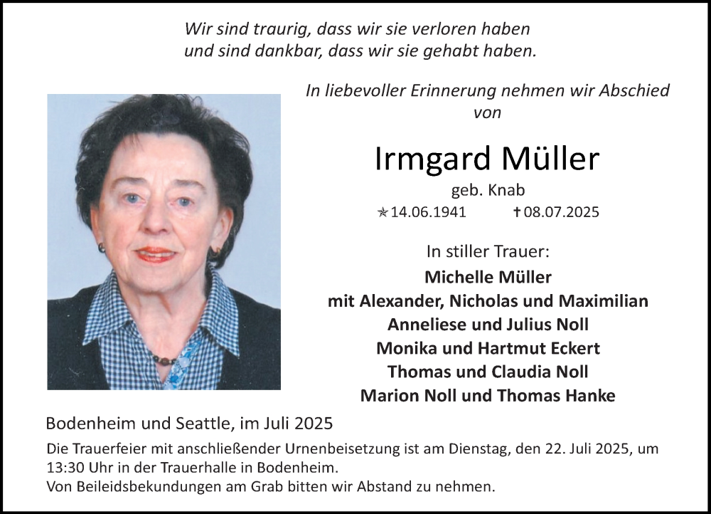  Traueranzeige für Irmgard Müller vom 19.07.2025 aus Allgemeine Zeitung Mainz