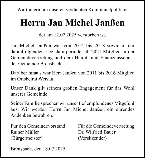 Traueranzeige von Jan Michel Janßen von Odenwälder Echo