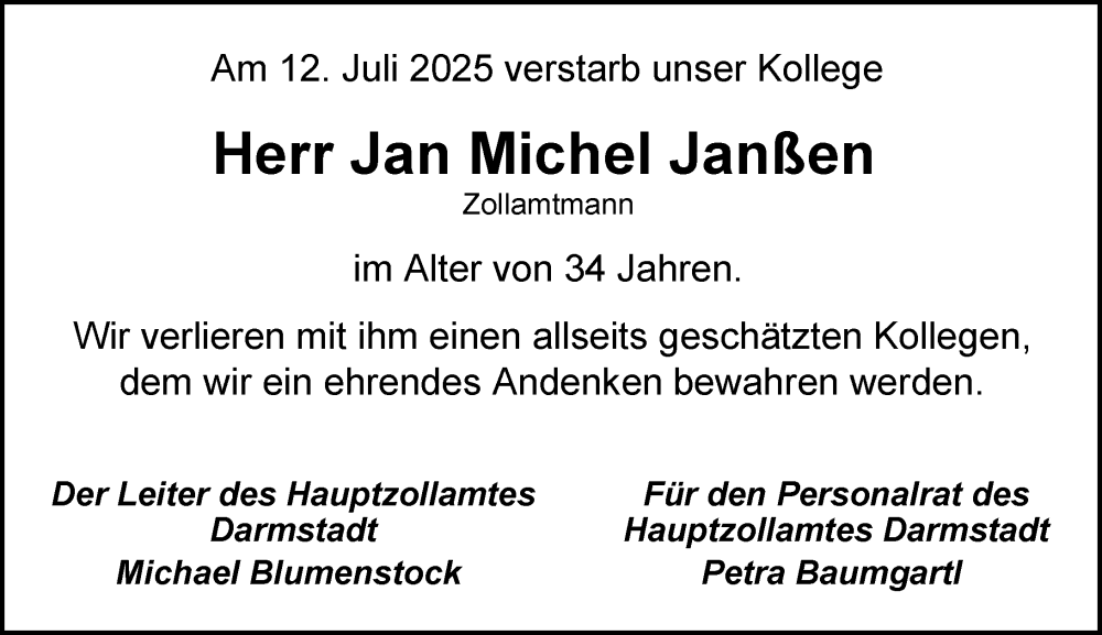  Traueranzeige für Jan Michel Janßen vom 19.07.2025 aus Odenwälder Echo