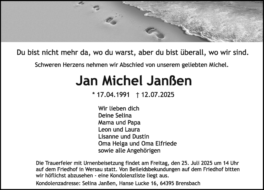  Traueranzeige für Jan Michel Janßen vom 19.07.2025 aus Darmstädter Echo