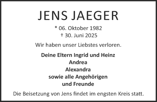 Traueranzeige von Jens Jaeger von Darmstädter Echo