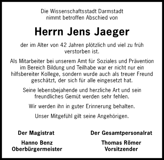 Traueranzeige von Jens Jaeger von Darmstädter Echo