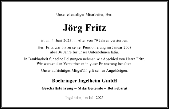 Traueranzeige von Jörg Fritz von Allgemeine Zeitung Rheinhessen-Nahe