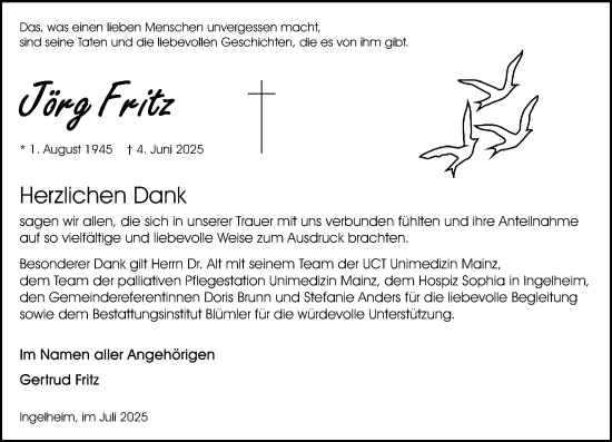 Traueranzeige von Jörg Fritz von Allgemeine Zeitung Rheinhessen-Nahe