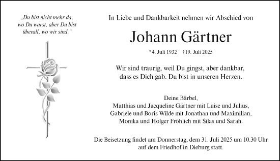Traueranzeige von Johann Gärtner von Dieburger Anzeiger/Groß-Zimmerner Lokal-Anzeiger
