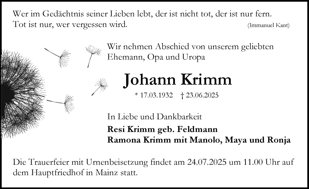  Traueranzeige für Johann Krimm vom 19.07.2025 aus Allgemeine Zeitung Mainz