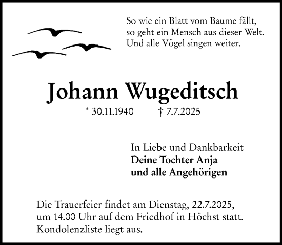 Traueranzeige von Johann Wugeditsch von Odenwälder Echo