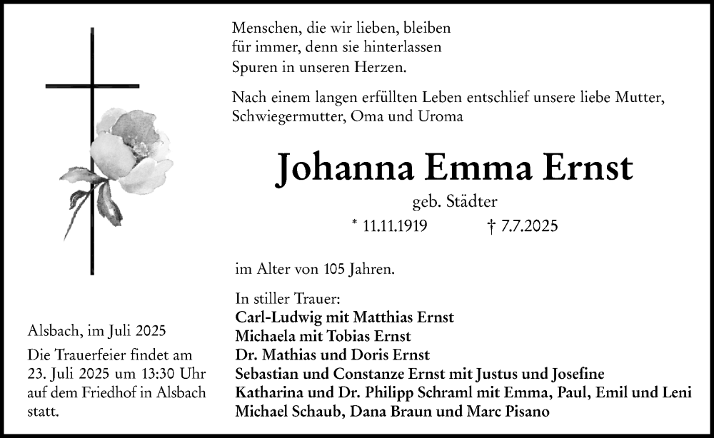  Traueranzeige für Johanna Emma Ernst vom 19.07.2025 aus Darmstädter Echo