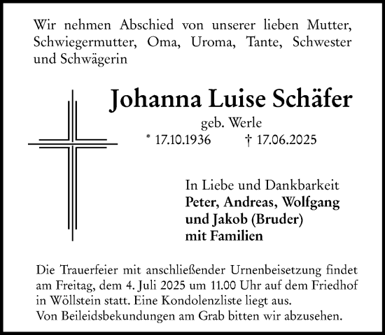 Traueranzeige von Johanna Luise Schäfer von Allgemeine Zeitung Alzey
