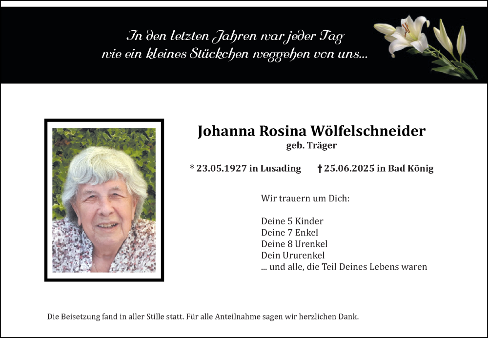  Traueranzeige für Johanna Rosina Wölfelschneider vom 26.07.2025 aus Odenwälder Echo