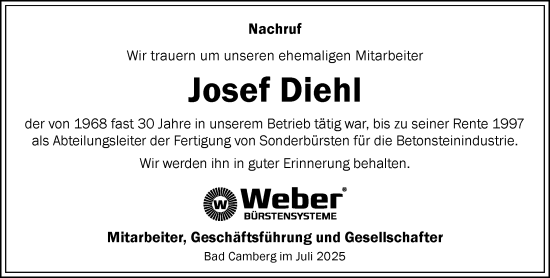 Traueranzeige von Josef Diehl von Camberger Anzeiger