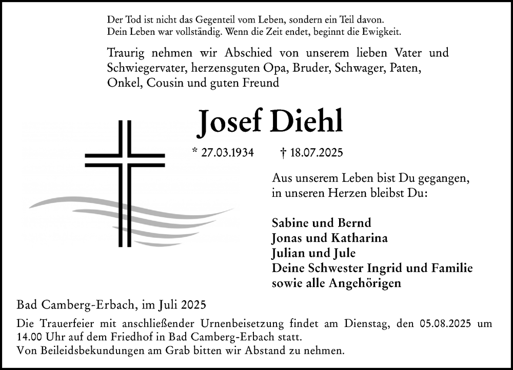  Traueranzeige für Josef Diehl vom 31.07.2025 aus Camberger Anzeiger