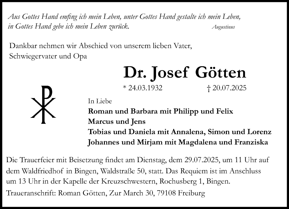  Traueranzeige für Josef Götten vom 26.07.2025 aus Allgemeine Zeitung Rheinhessen-Nahe