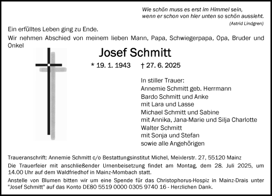 Traueranzeige von Josef Schmitt von Allgemeine Zeitung Mainz