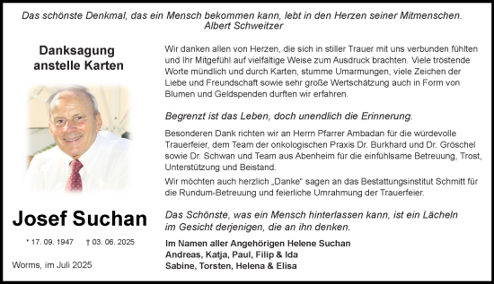 Traueranzeige von Josef Suchan von Wormser Zeitung