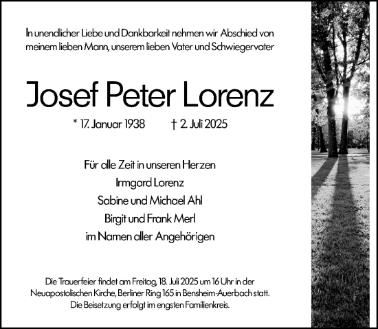 Traueranzeige von Josef Peter Lorenz von Darmstädter Echo