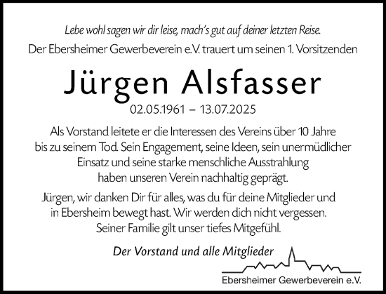 Traueranzeige von Jürgen Alsfasser von Allgemeine Zeitung Mainz