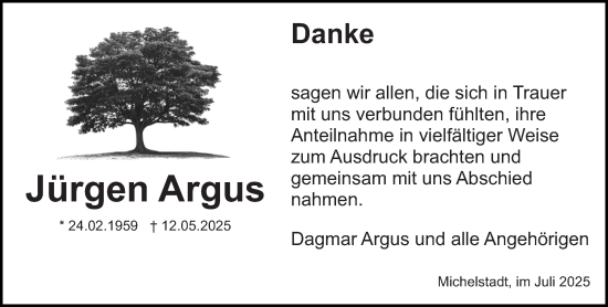 Traueranzeige von Jürgen Argus von Odenwälder Echo