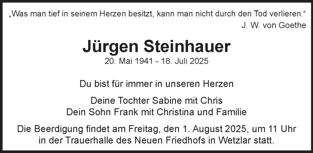  Traueranzeige für Jürgen Steinhauer vom 30.07.2025 aus Wetzlarer Neue Zeitung