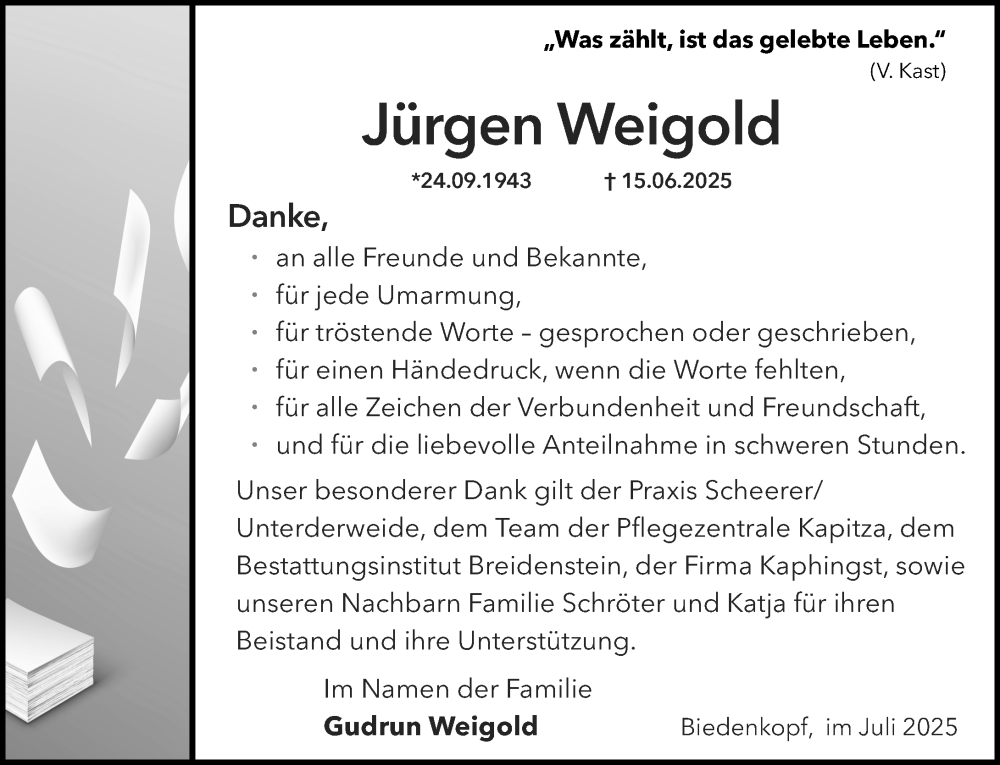  Traueranzeige für Jürgen Weigold vom 25.07.2025 aus Hinterländer Anzeiger