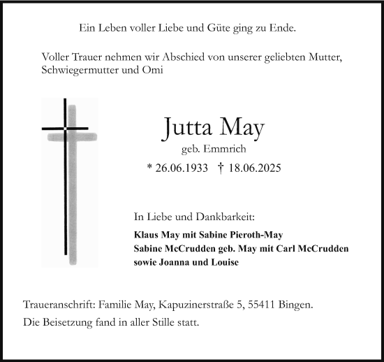 Traueranzeige von Jutta May von Allgemeine Zeitung Rheinhessen-Nahe