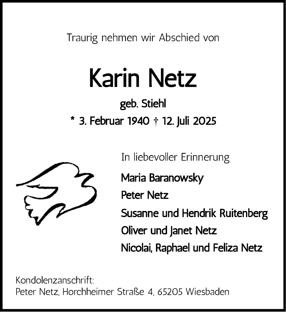  Traueranzeige für Karin Netz vom 19.07.2025 aus Wiesbadener Kurier