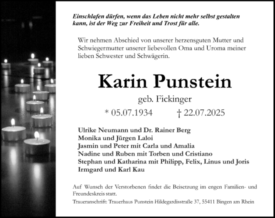 Traueranzeige von Karin Punstein von Allgemeine Zeitung Rheinhessen-Nahe