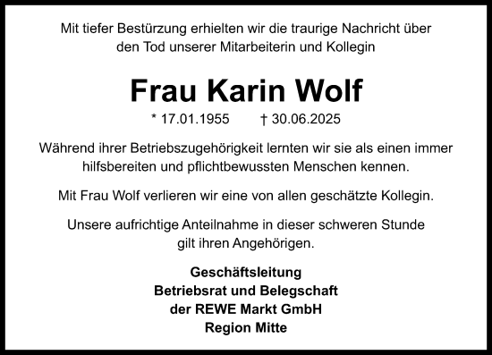 Traueranzeige von Karin Wolf von Idsteiner Land/Untertaunus